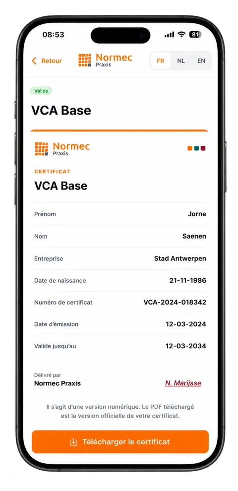 Écran de détail d’un certificat CertProof avec un bouton de téléchargement