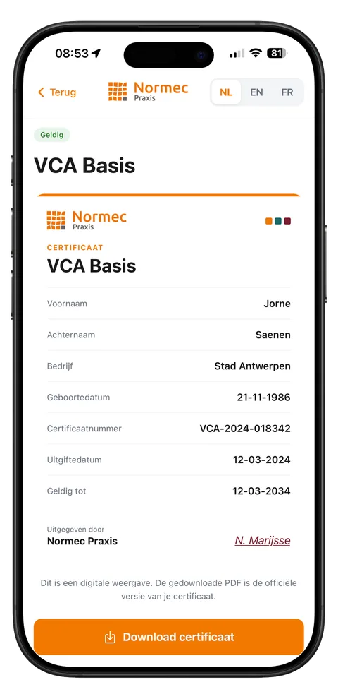Detailscherm van een certificaat in CertProof met downloadknop