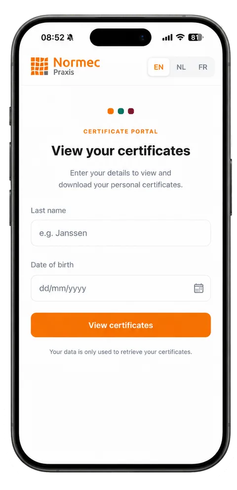 CertProof sign-in screen with fields for last name and date of birth