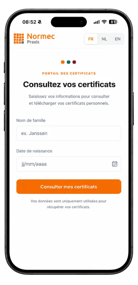 Écran de connexion CertProof avec les champs nom de famille et date de naissance