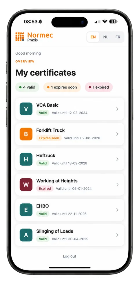 CertProof overview screen with a list of certificates