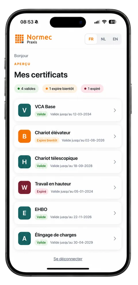 Écran d’aperçu de CertProof avec une liste de certificats