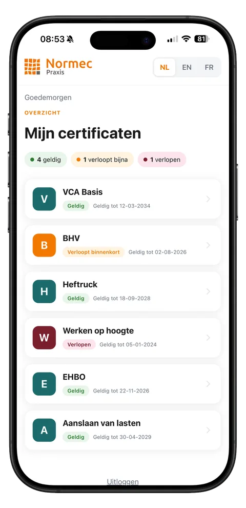 Overzichtsscherm van CertProof met een lijst van certificaten